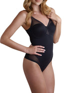 a woman wearing a black sheer tummy control top thong body shaper