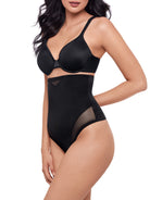 a woman wearing a black sheer high waisted tummy control top thong panty shapewear