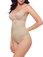 a woman wearing a nude sheer high waisted tummy control top thong panty shapewear