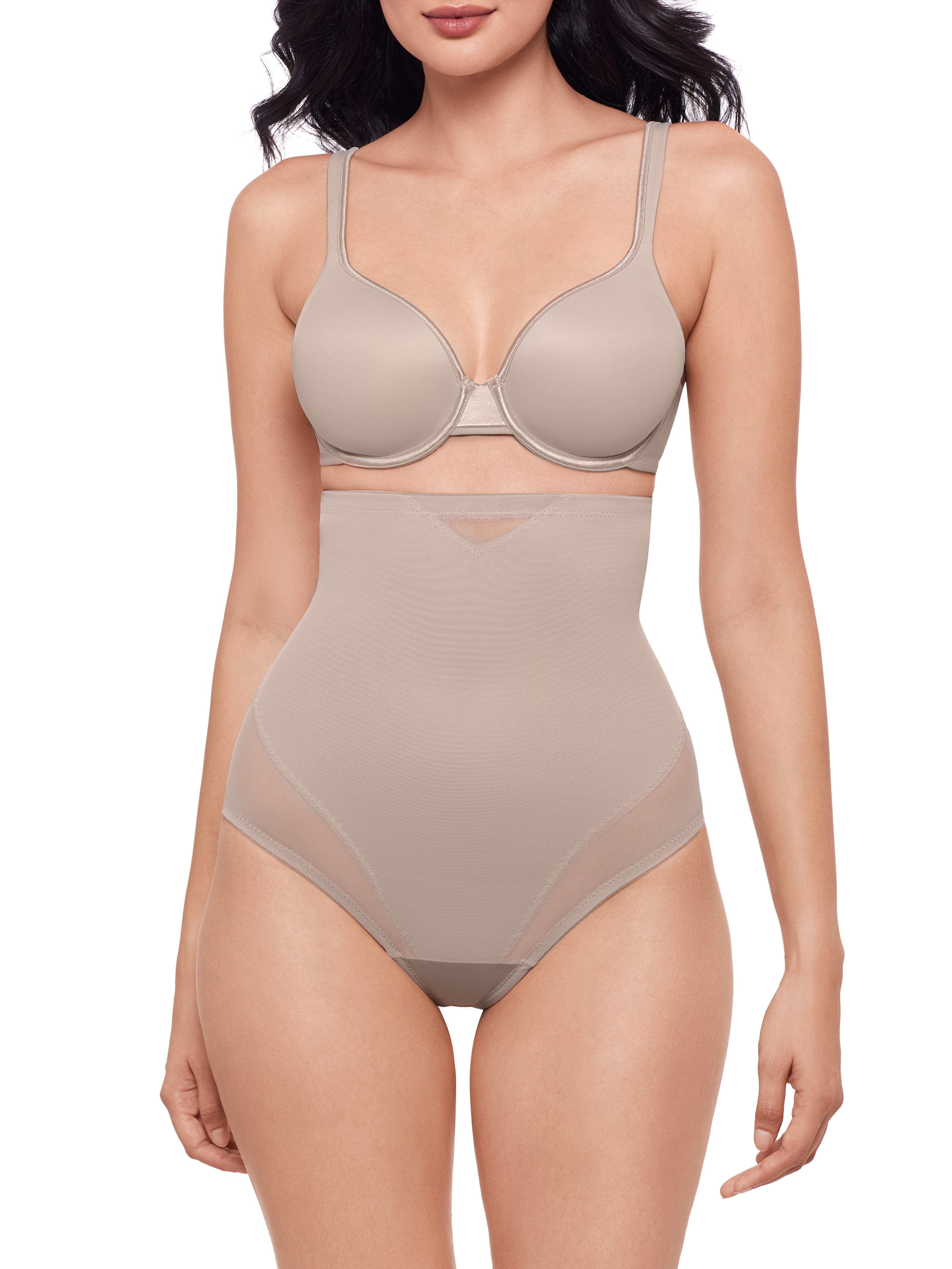 a woman wearing a nude sheer high waisted tummy control top thong panty shapewear