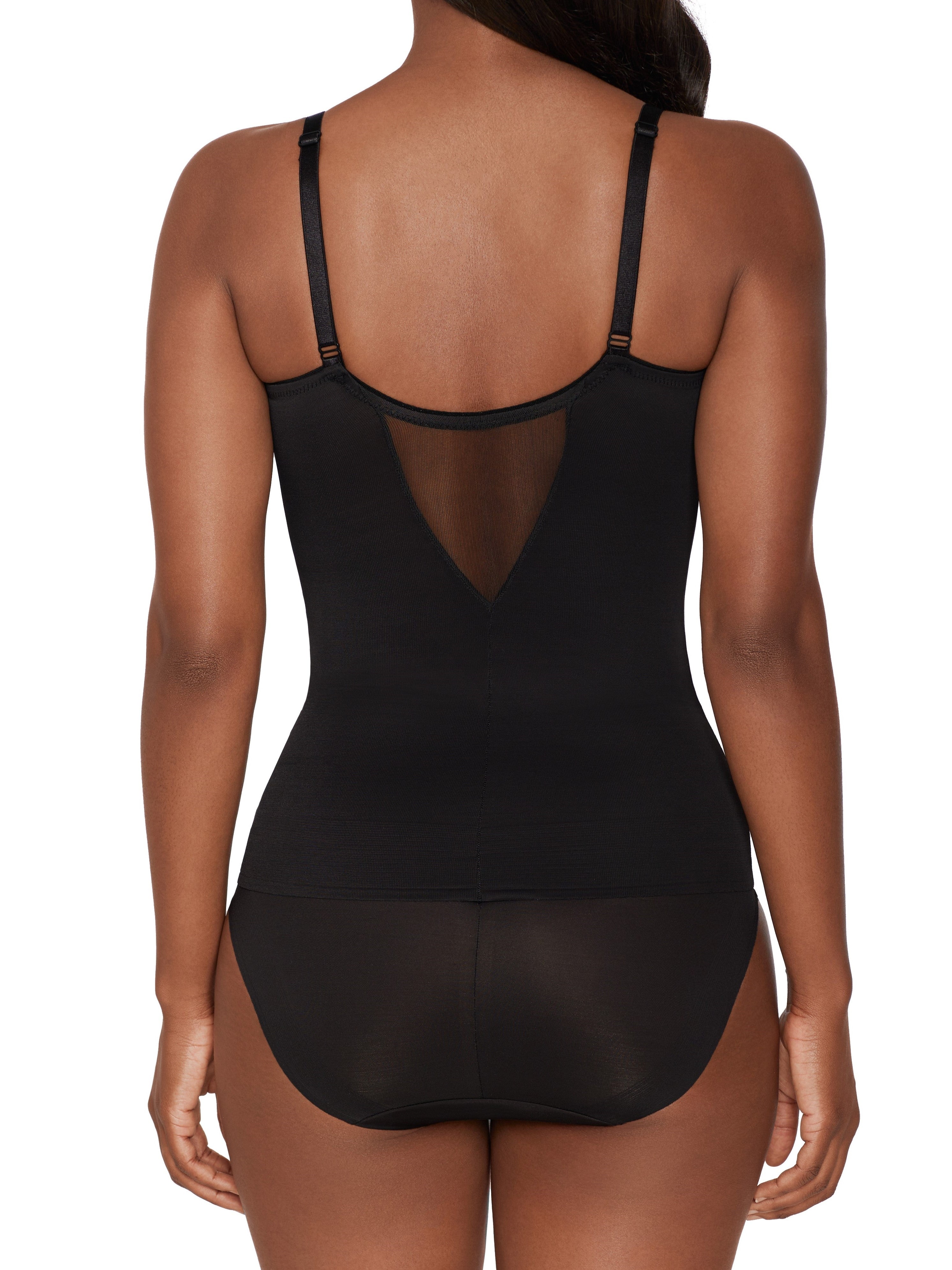 a woman wearing a black sheer tummy control shaping camisole body shaper shapewear