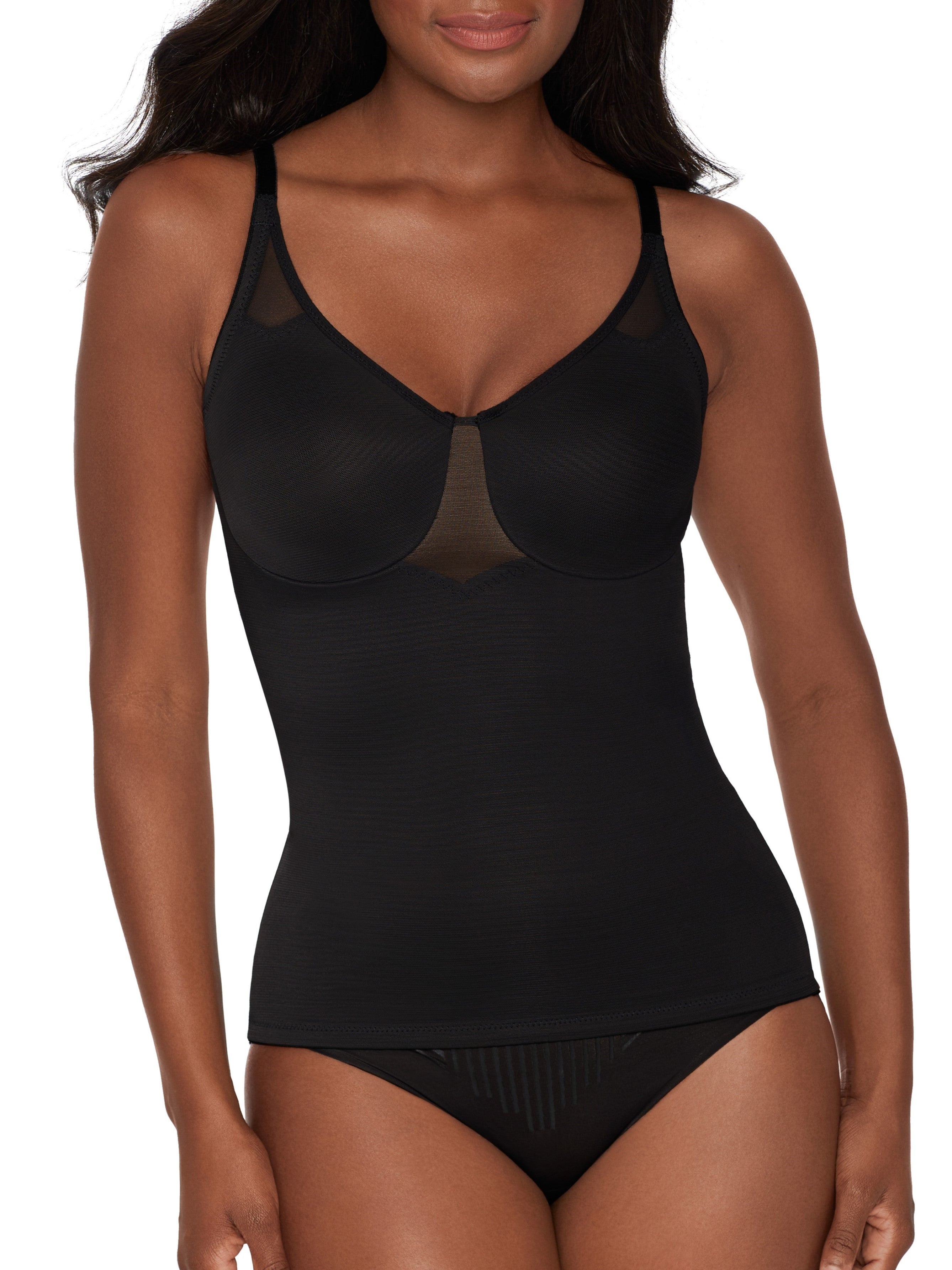 a woman wearing a black sheer tummy control shaping camisole body shaper shapewear