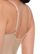 a close up shot of adjustable straps on a woman wearing a nude sheer tummy control shaping camisole body shaper shapewear