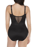 a woman wearing a black sheer tummy control body shaper bodysuit shapewear