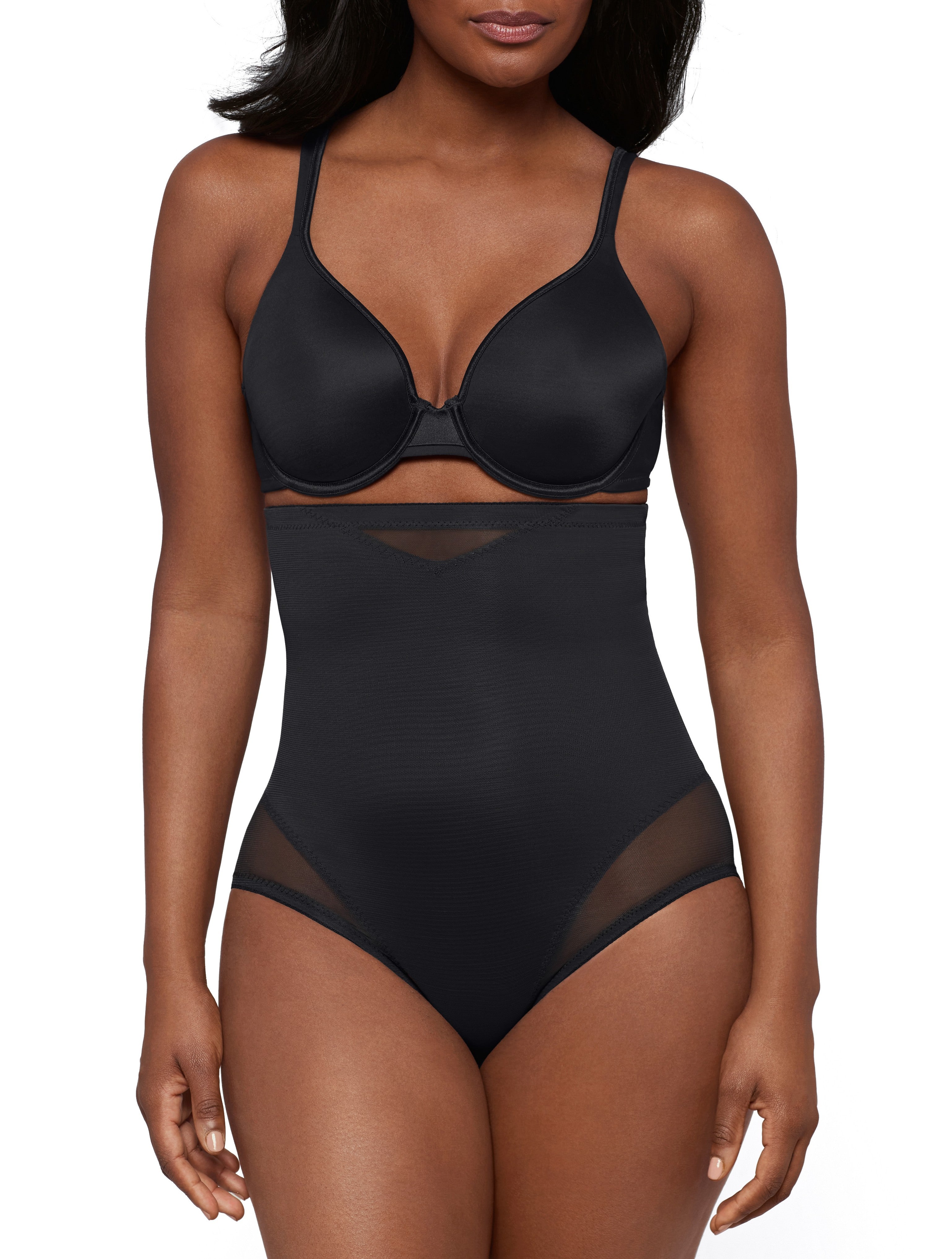 a woman wearing black high waisted sheer shapewear tummy control brief