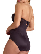 a woman wearing a black strapless tummy control body shaper shapewear