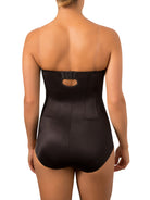 a woman wearing a black strapless tummy control body shaper shapewear