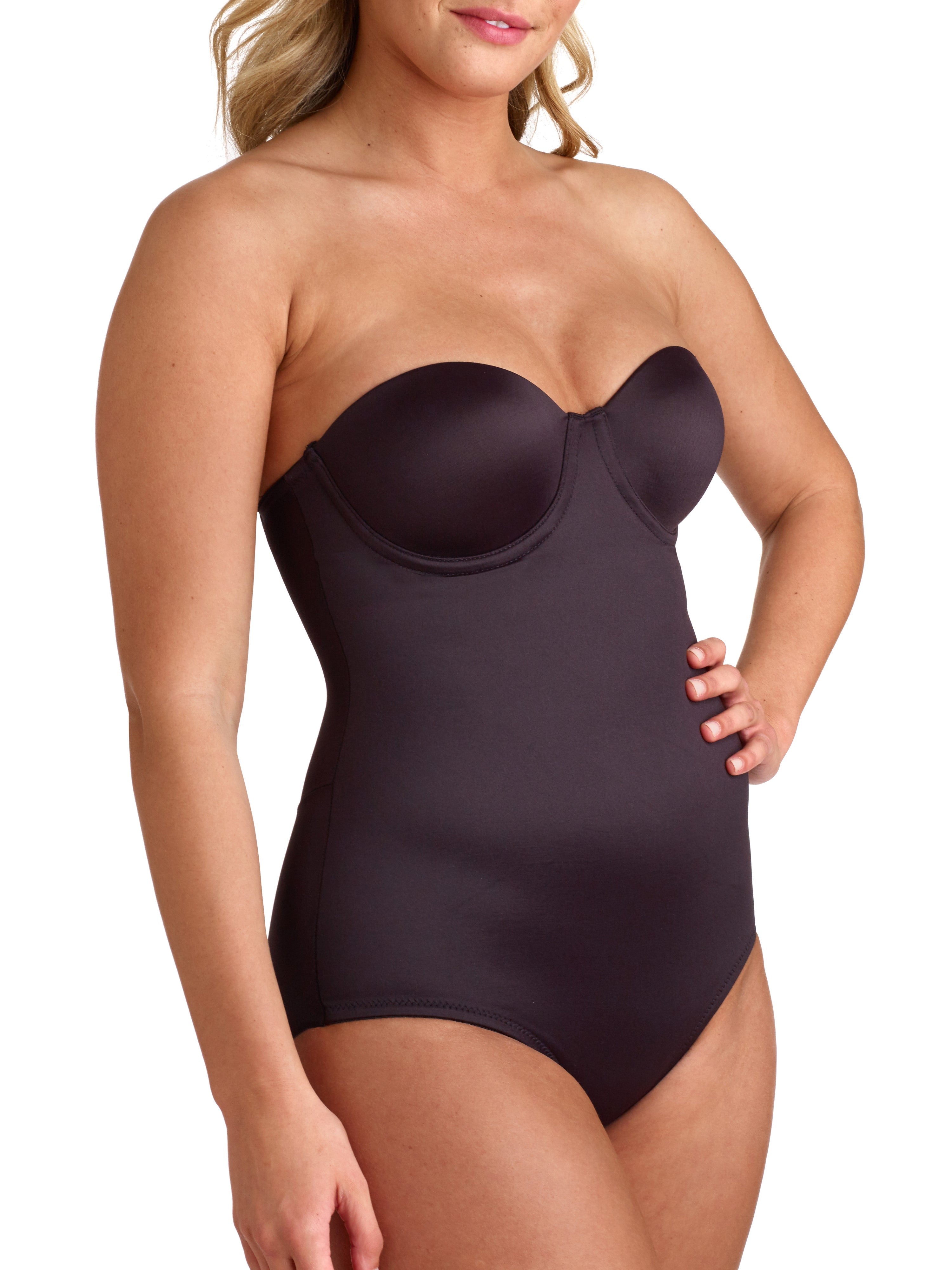 a woman wearing a black strapless tummy control body shaper shapewear