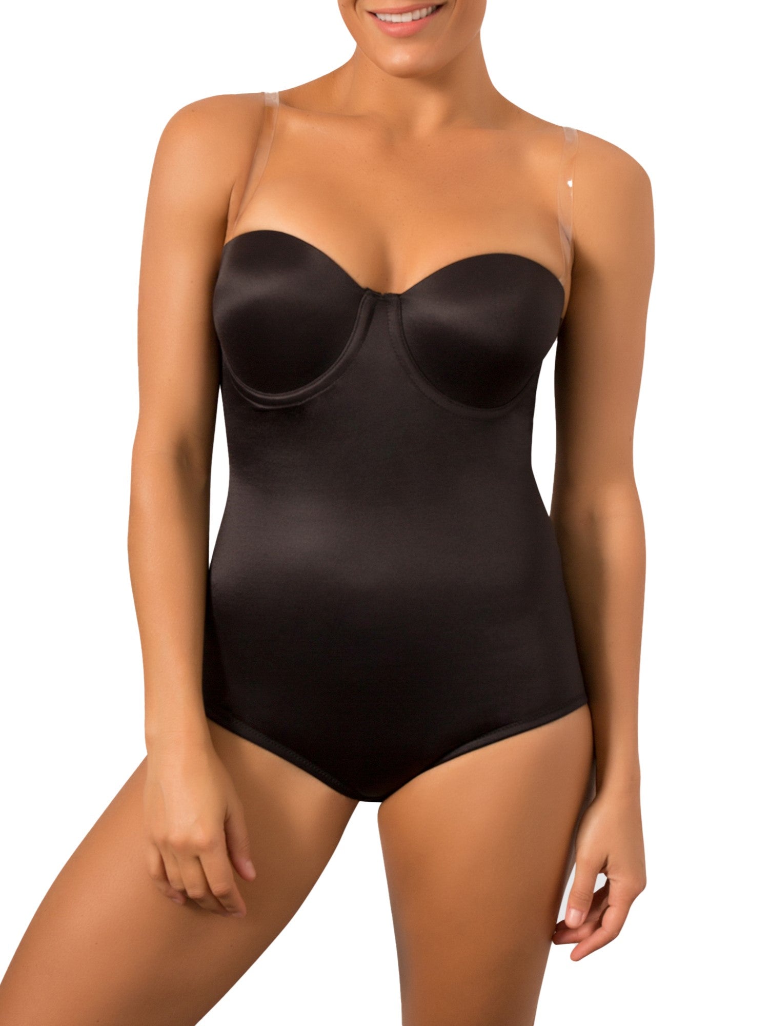 a woman wearing a black strapless tummy control body shaper shapewear