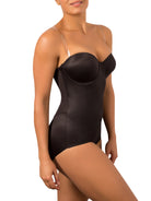 a woman wearing a black strapless tummy control body shaper shapewear