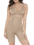 a woman wearing a nude open-bust tummy control bodysuit