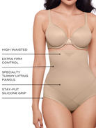 an infographic explaining the features and benefits of the miraclesuit shapewear high waisted tummy tucker brief control underwear all-groups