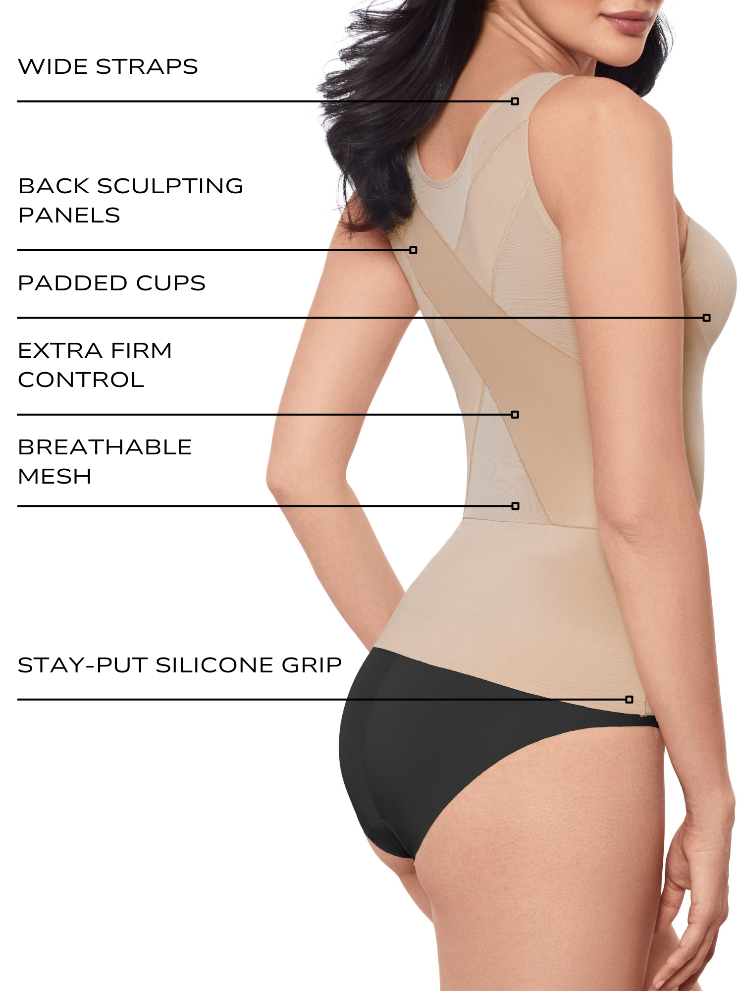 an infographic explaining the features and benefits of the back wrap back smoothing tank top shaping camisole body shaper miraclesuit shapewear all-groups