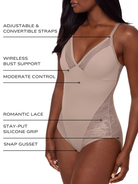 an infographic explaining the features and benefits of the floral lace bodysuit total body shaper full body shapewear miraclesuit all-groups