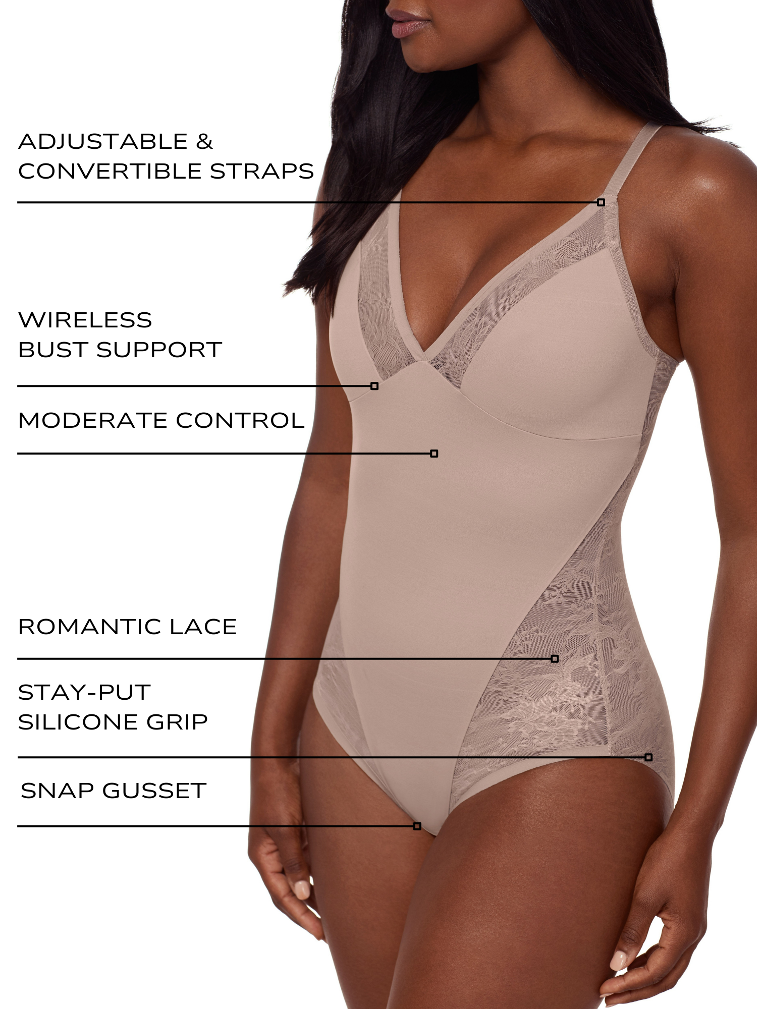 an infographic explaining the features and benefits of the floral lace bodysuit total body shaper full body shapewear miraclesuit all-groups