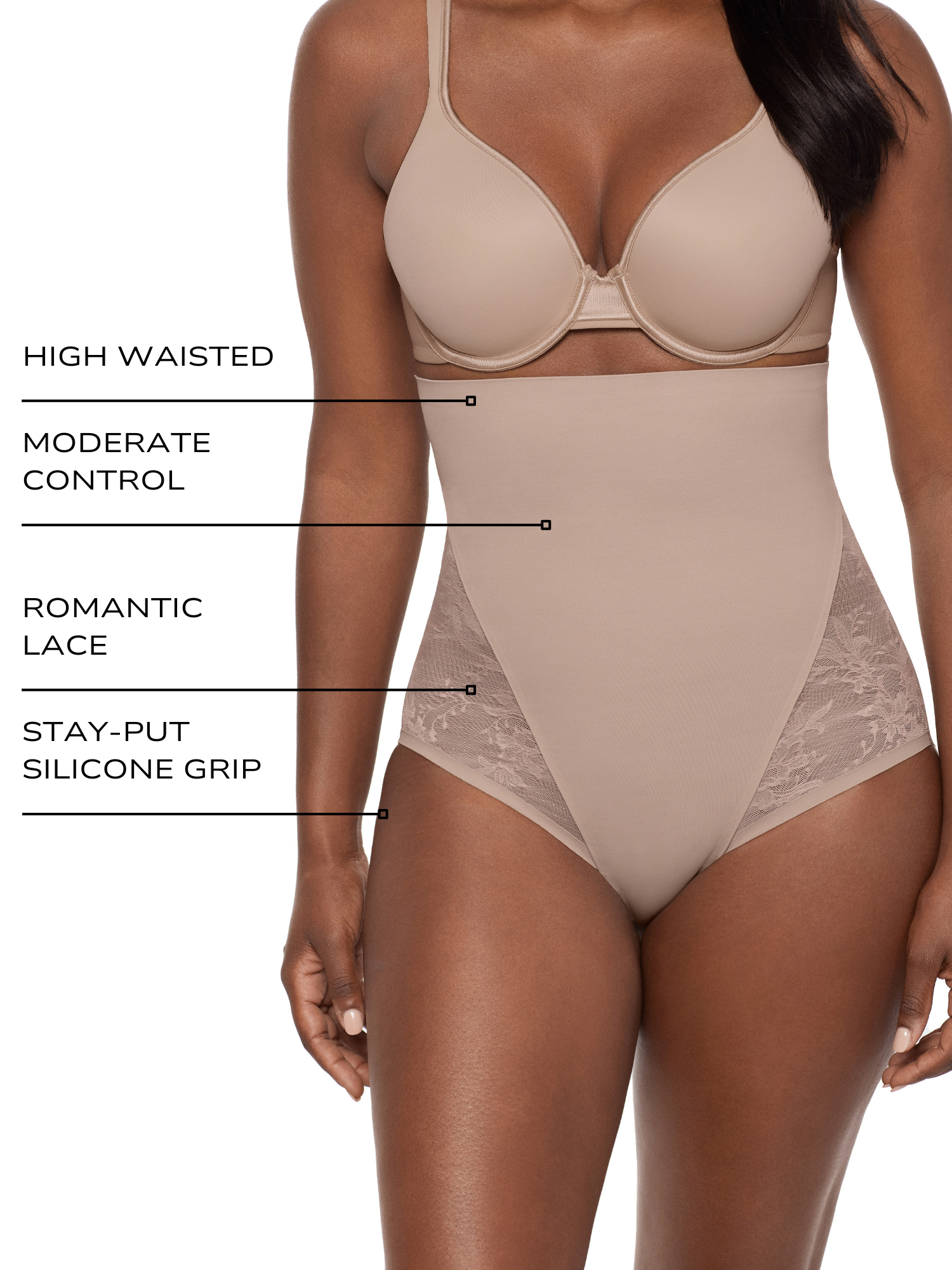 an infographic explaining the features and benefits of the floral lace tummy control panty high waisted shaping brief miraclesuit shapewear all-groups