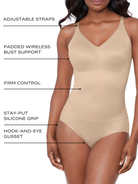 an infographic explaining the features and benefits of the miraclesuit bodysuit full body shapewear body shaper all-groups