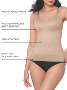 an infographic explaining the features and benefits of the miraclesuit shapewear tummy control camisole shaping tank all-groups