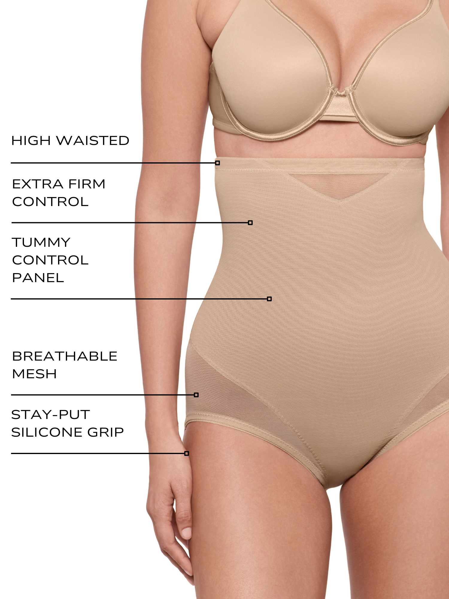 an infographic explaining the features and benefits of the sexy sheer shapewear high waisted tummy control panty brief all-groups
