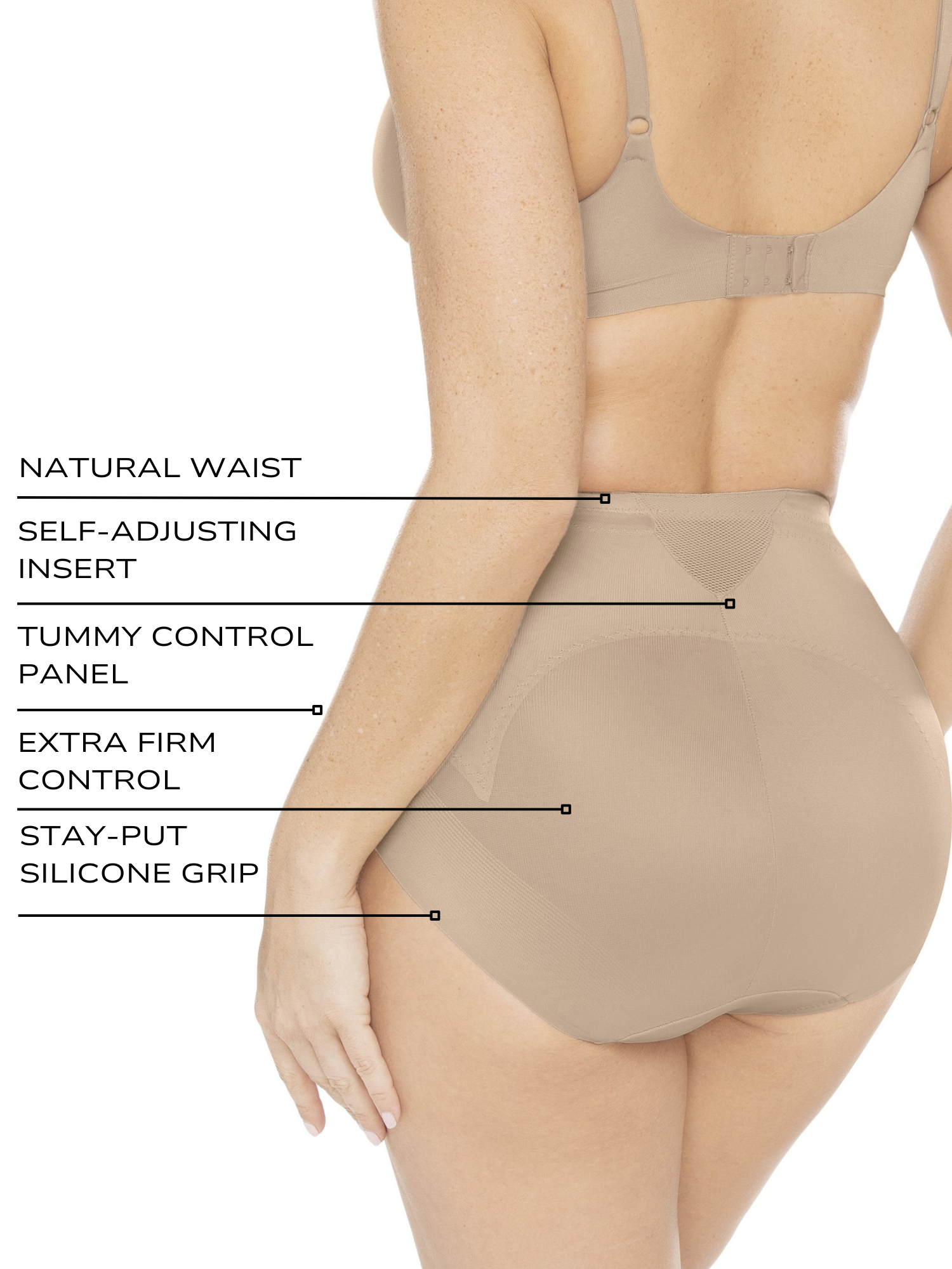 a infographic explaining the features and benefits of the miraclesuit shapewear flexible shaping brief tummy control underwear all-groups