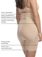 an infographic showing the features and benefits of the high waisted back support thigh slimmer body shaper all-groups