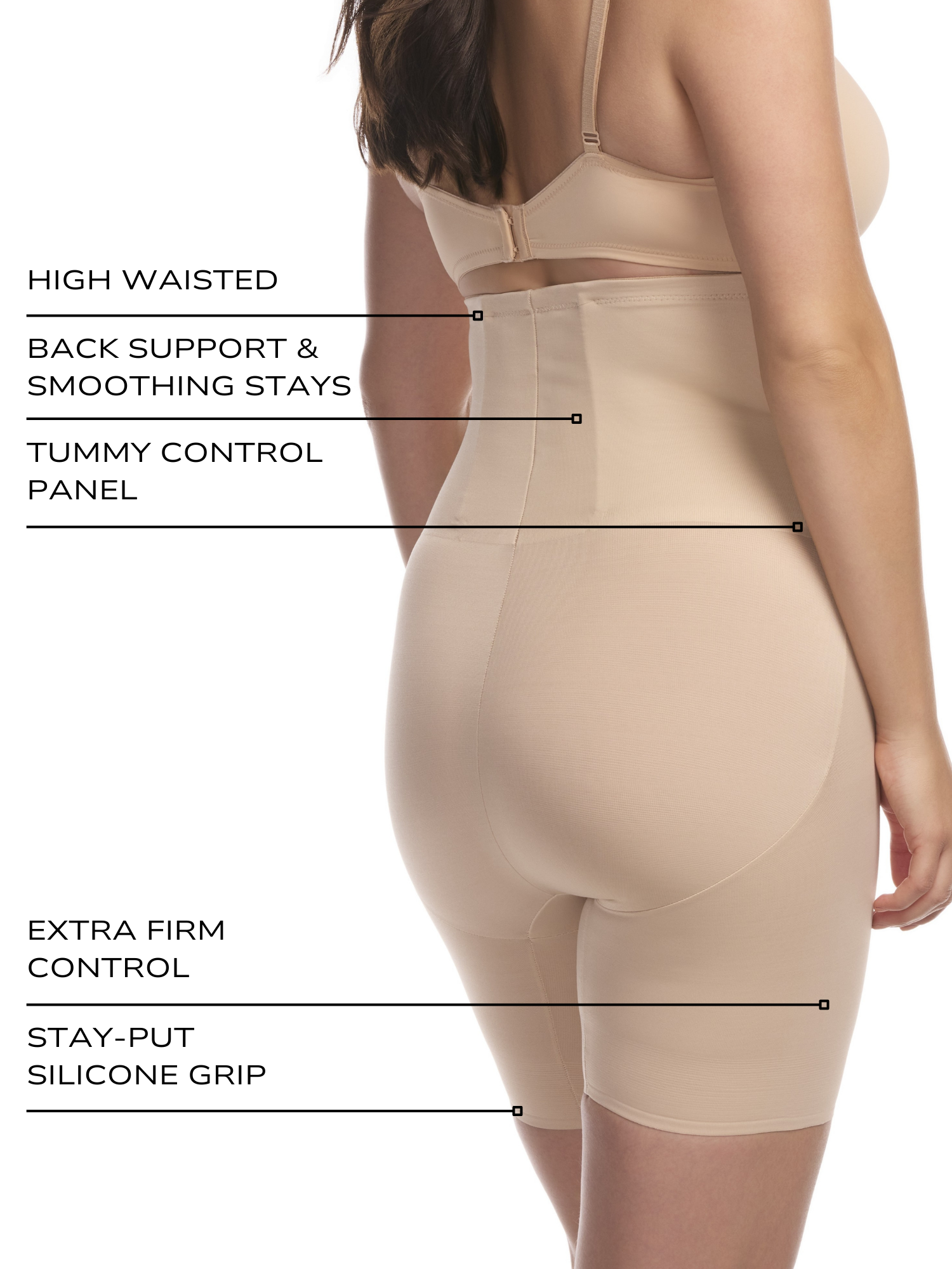 an infographic showing the features and benefits of the high waisted back support thigh slimmer body shaper all-groups