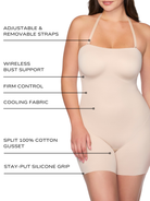 an infographic showing the features and benefits of the strapless shapewear full body shaper bodysuit all-groups