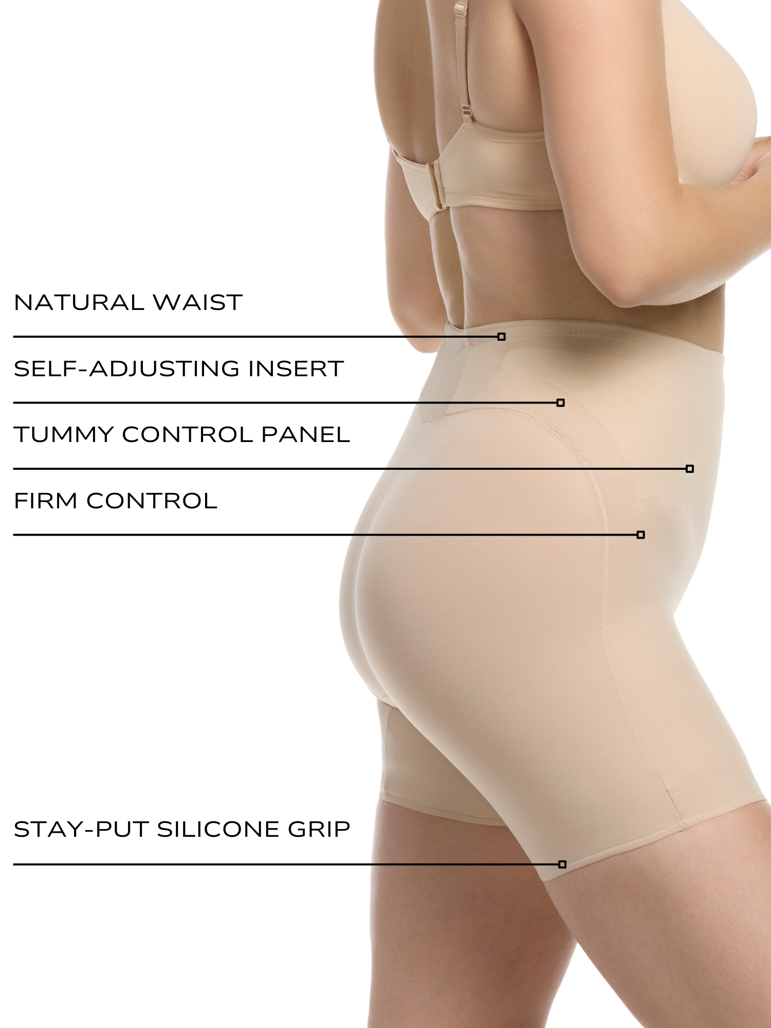 an infographic explaining the features and benefits of the adjustable shaping short all-groups
