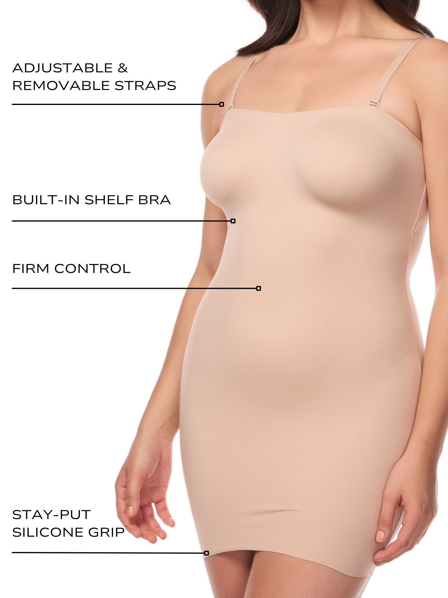 an infographic explaining the features and benefits of the strapless shapewear full body shaper shaping slip all-groups