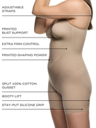 an infographic explaining the features and benefits of the lycra fitsense total body shaper full body shapewear shaping bodysuit butt lift all-groups