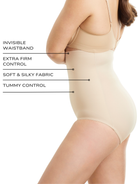 an infographic explaining the features and benefits of the cupid shapewear high waisted tummy control brief panty all-groups