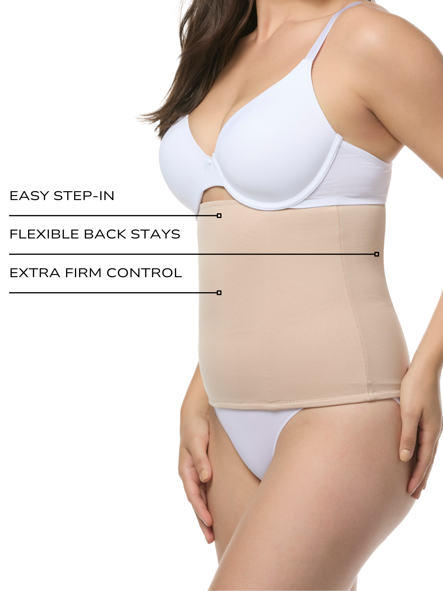 an infographic explaining the features and benefits of the extra firm control waist nipper all-groups
