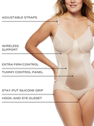 an infographic explaining the features and benefits of the wireless shaping bodysuit body shaper all-groups