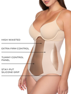 an infographic explaining the features and benefits of the max control tummy control brief all-groups