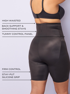 an infographic explaining the features and benefits of the back support tummy control thigh slimmer all-groups