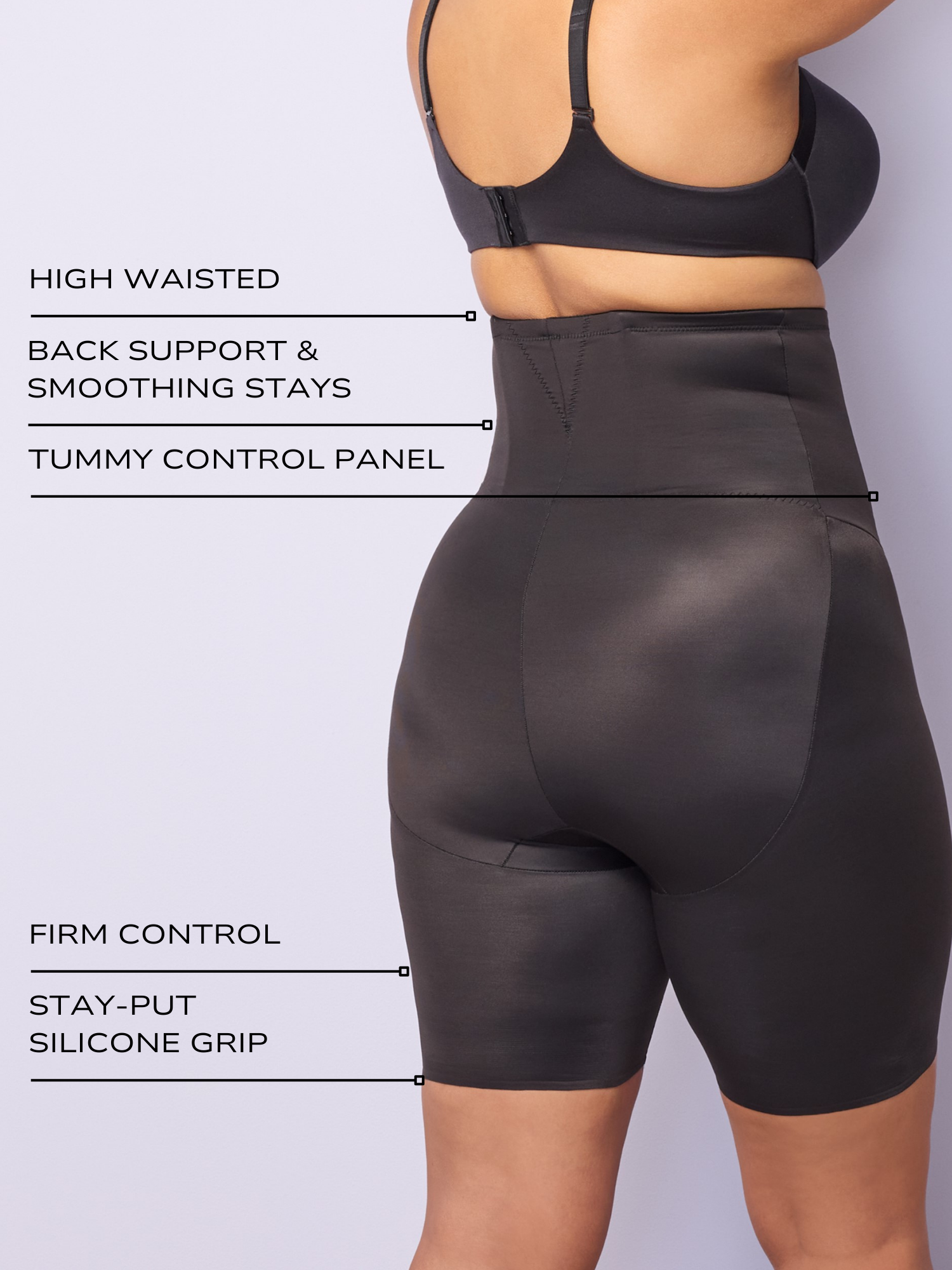 an infographic explaining the features and benefits of the back support tummy control thigh slimmer all-groups