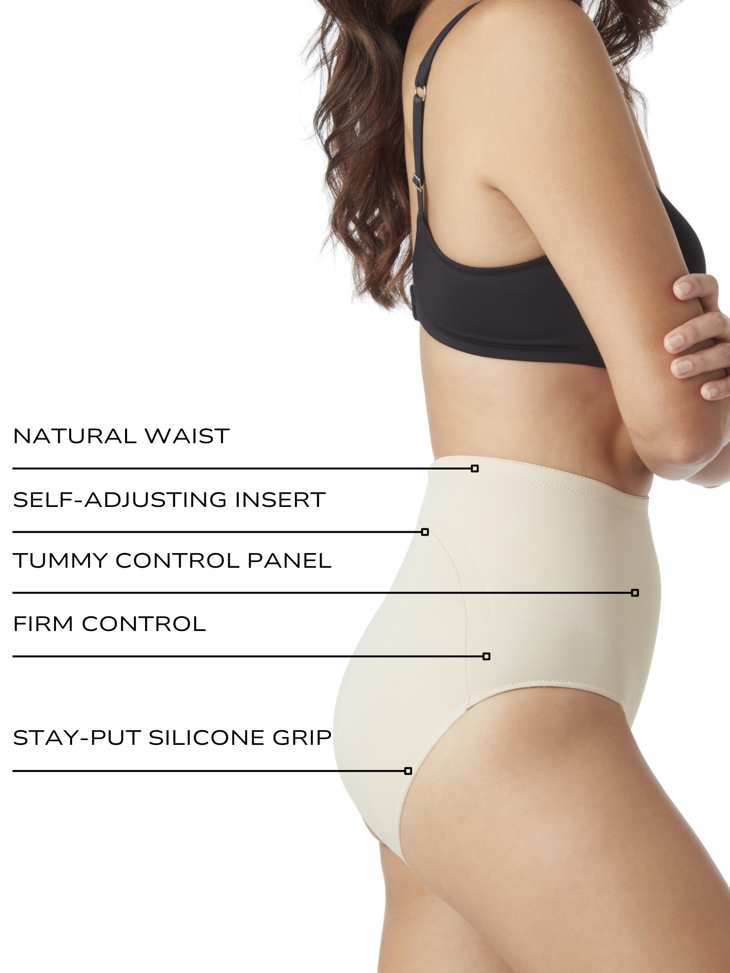 an infographic explaining the features and benefits of the adjustable tummy control top brief all-groups