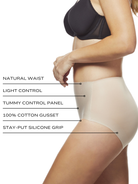 an infographic explaining the features and benefits of the 2 pack light tummy control panty all-groups