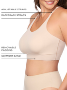 an infographic outlining the features and benefits of the racerback bralette lounge bra all-groups