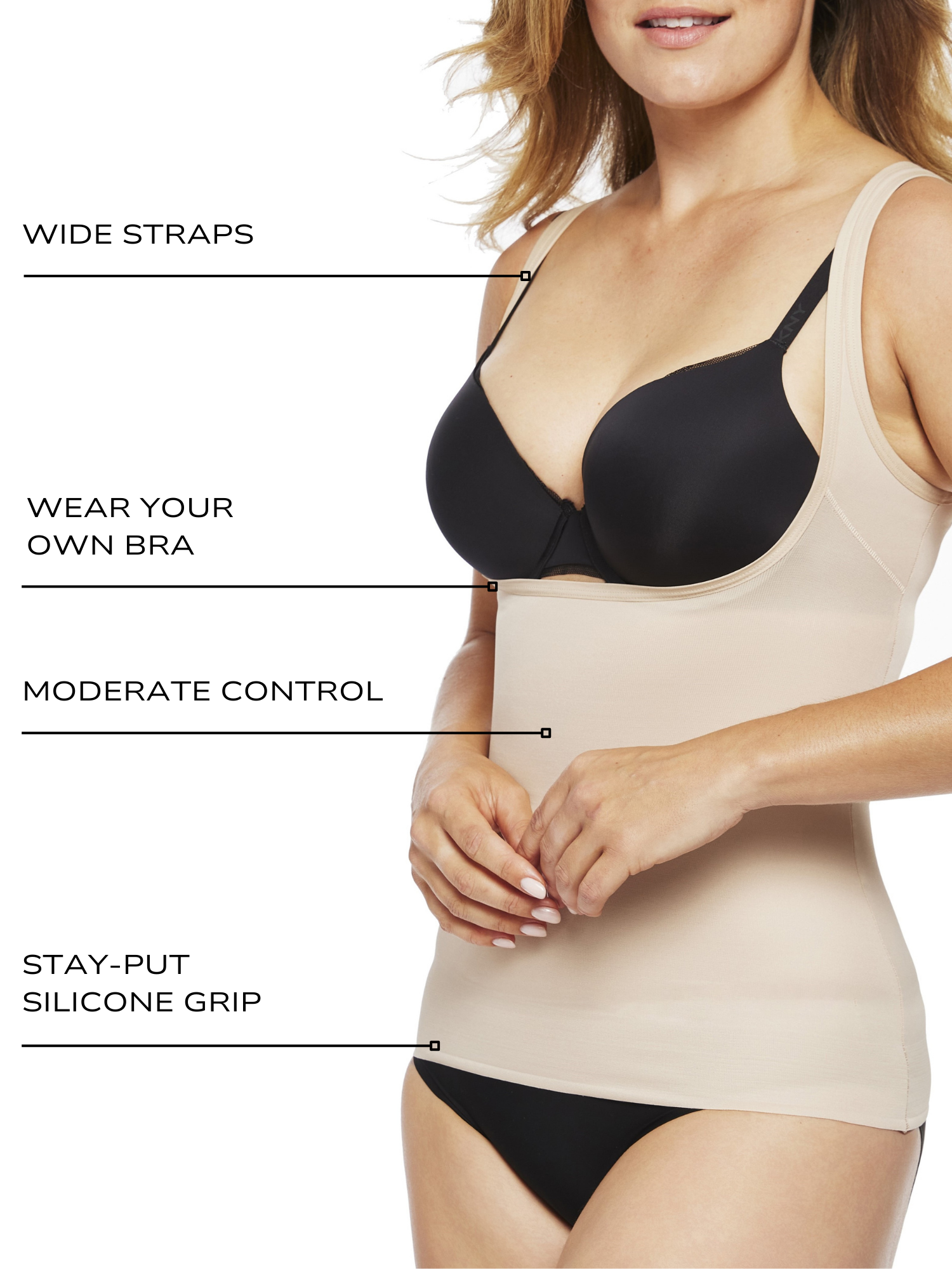an infographic explaining the features and benefits of the open bust shaping cami all-groups