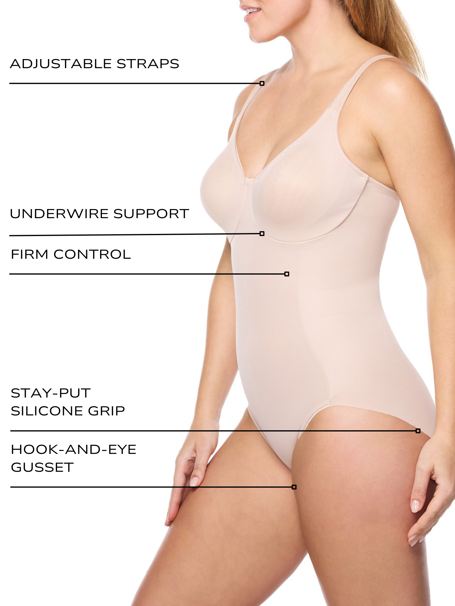 an infographic explaining the features and benefits of the underwire shaping bodysuit full body shaper all-groups