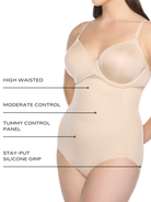 an infographic explaining the features and benefits of the comfortable high waisted tummy control panty all-groups