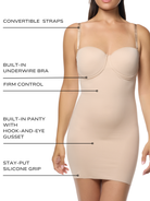 an infographic explaining the features and benefits of the strapless shapewear bodysuit shaping slip all-groups