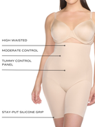 an infographic outlining the features and benefits of the comfortable high waisted tummy control body shaper short all-groups