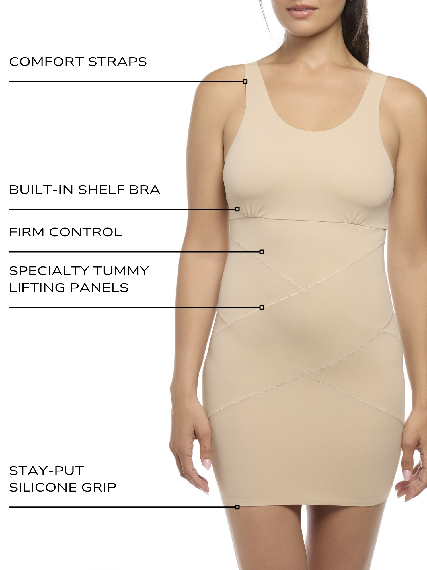 an infographic showing the features and benefits of the tummy tucker slip bodybriefer shapewear all-groups