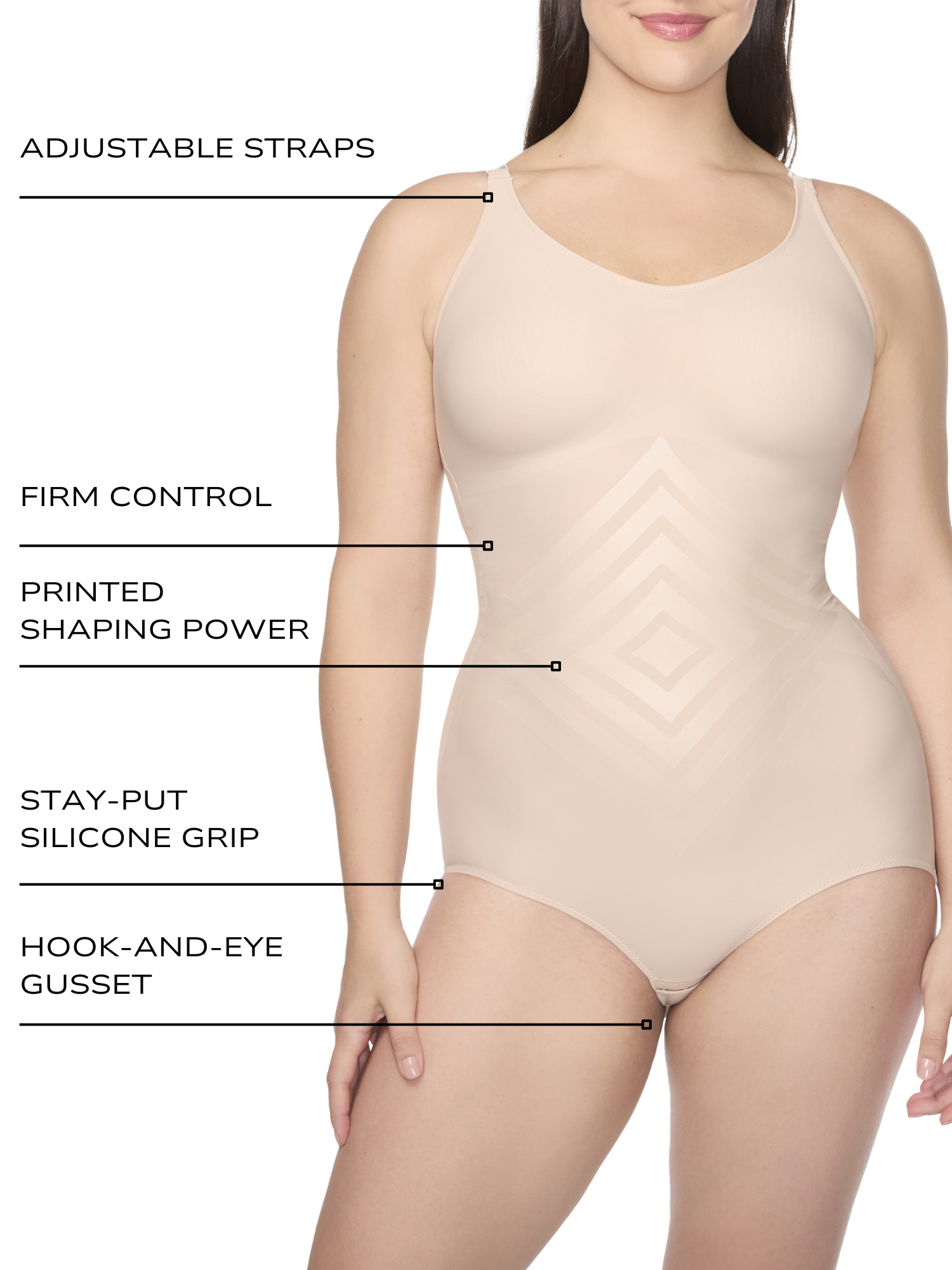an infographic explaining the features and benefits of the cupid shapewear bodysuit all-groups