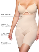 an infographic explaining the features and benefits of the tummy tucker high waisted thigh slimmer shaper all-groups