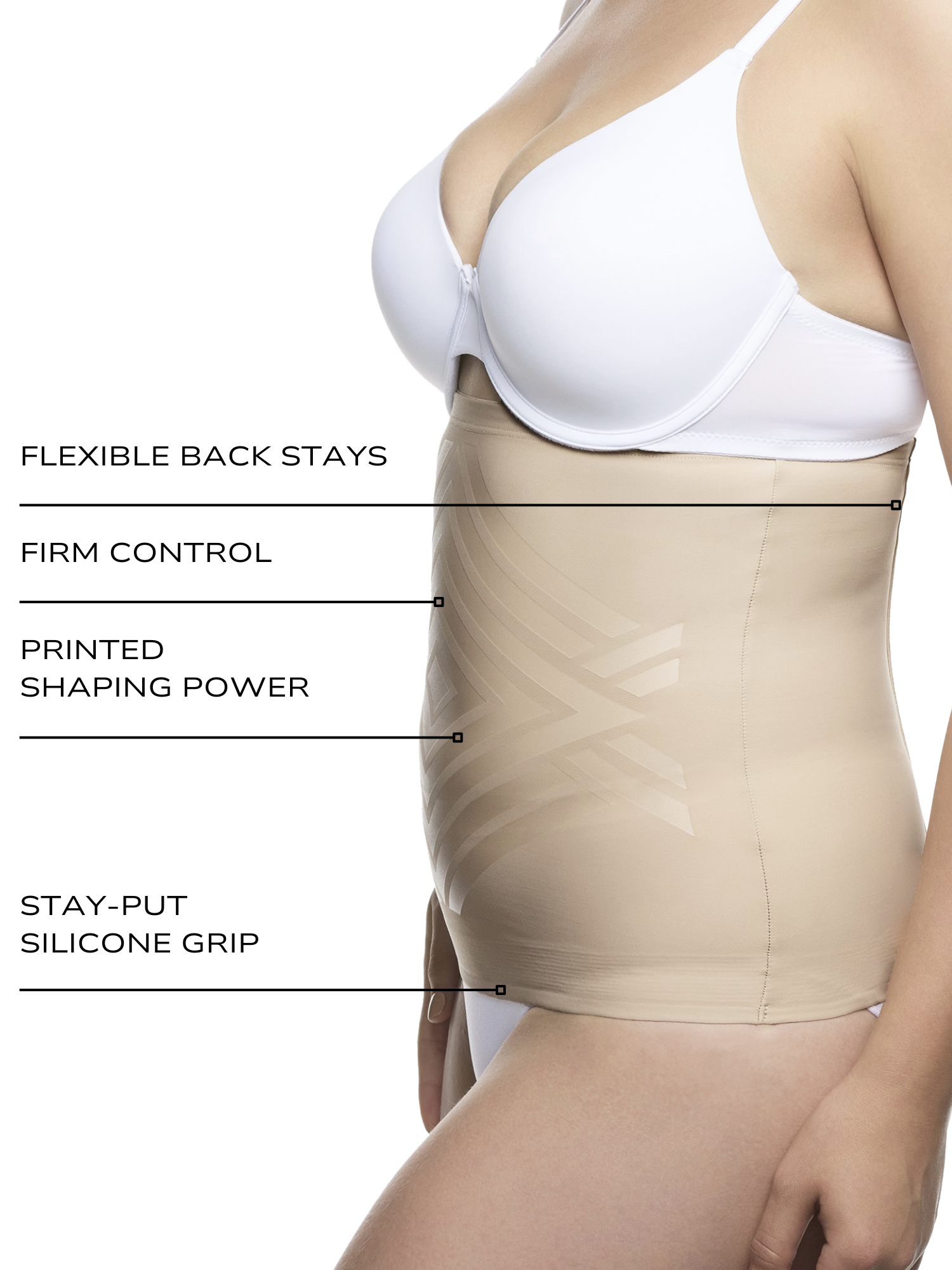 an infographic describing the features and benefits of the cupid shapewear lycra fit sense waist cincher girdle all-groups