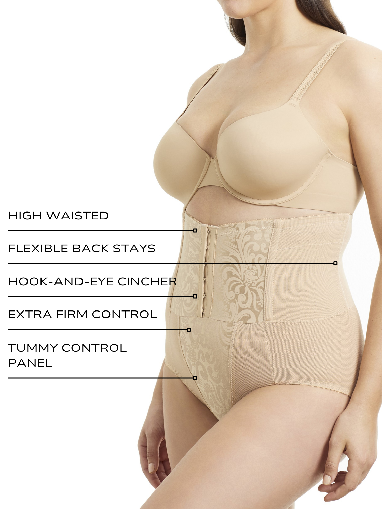 an infographic outlining the features and benefits of cupid 5065 high waist waist cincher brief girdle all-groups