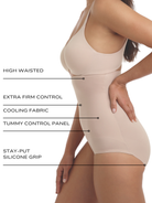 an infographic explaining the features and benefits of the cooling high waisted tummy control brief all-groups
